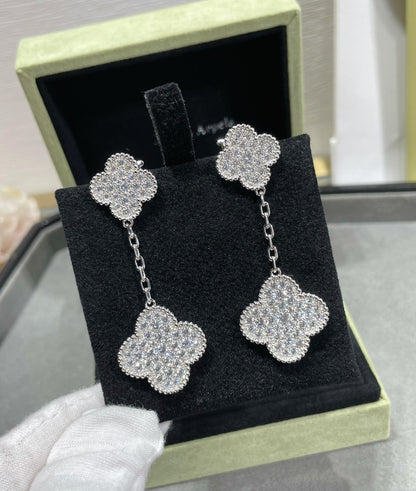 [sparkle Jewelry ]CLOVER 2 MOTIFS DIAMOND PAVED SILVER EARRINGS