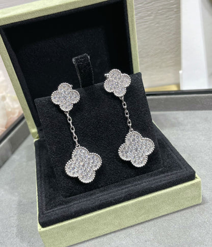 [sparkle Jewelry ]CLOVER 2 MOTIFS DIAMOND PAVED SILVER EARRINGS