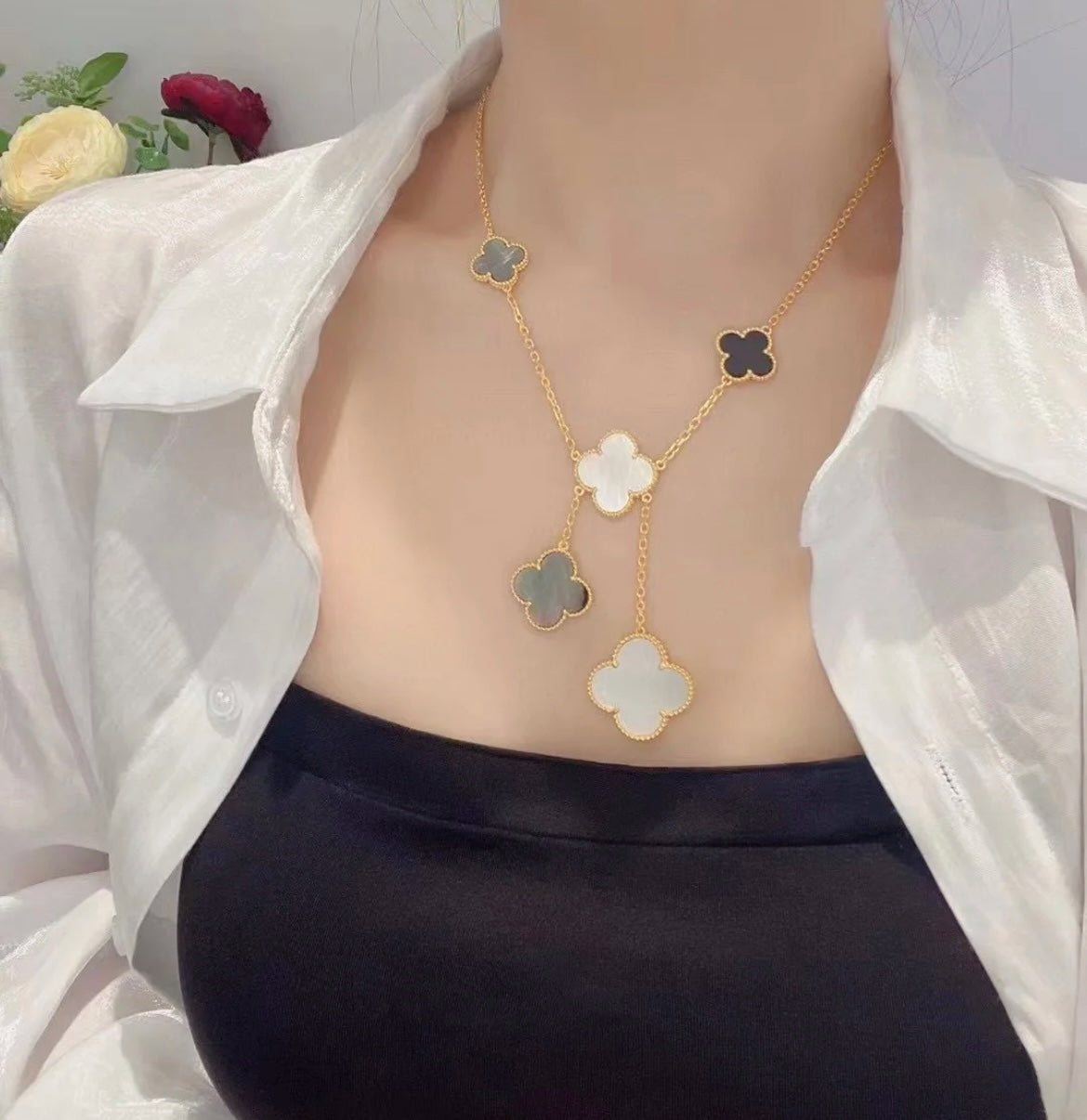 [sparkle Jewelry ]CLOVER 6 MOTIF MOP ONYX GOLD NECKLACE