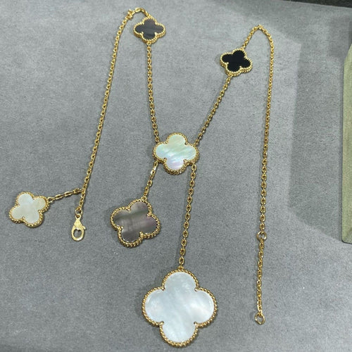 [sparkle Jewelry ]CLOVER 6 MOTIF MOP ONYX GOLD NECKLACE