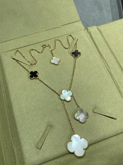 [sparkle Jewelry ]CLOVER 6 MOTIF MOP ONYX GOLD NECKLACE