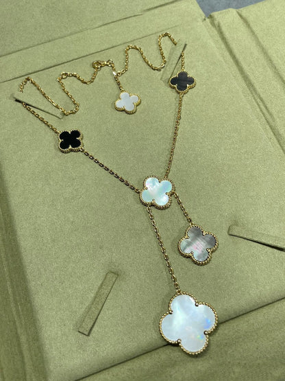 [sparkle Jewelry ]CLOVER 6 MOTIF MOP ONYX GOLD NECKLACE