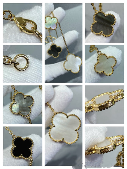 [sparkle Jewelry ]CLOVER 6 MOTIF MOP ONYX GOLD NECKLACE