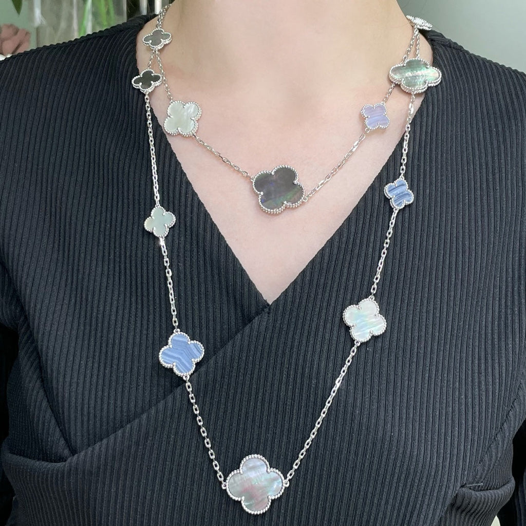 [sparkle Jewelry ]CLOVER 16 MOTIF CHALCEDONY MOP SILVER NECKLACE