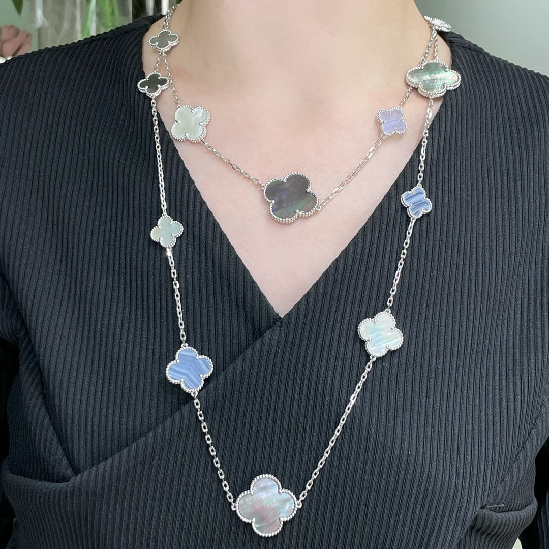 [sparkle Jewelry ]CLOVER 16 MOTIF CHALCEDONY MOP SILVER NECKLACE