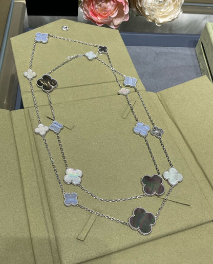 [sparkle Jewelry ]CLOVER 16 MOTIF CHALCEDONY MOP SILVER NECKLACE