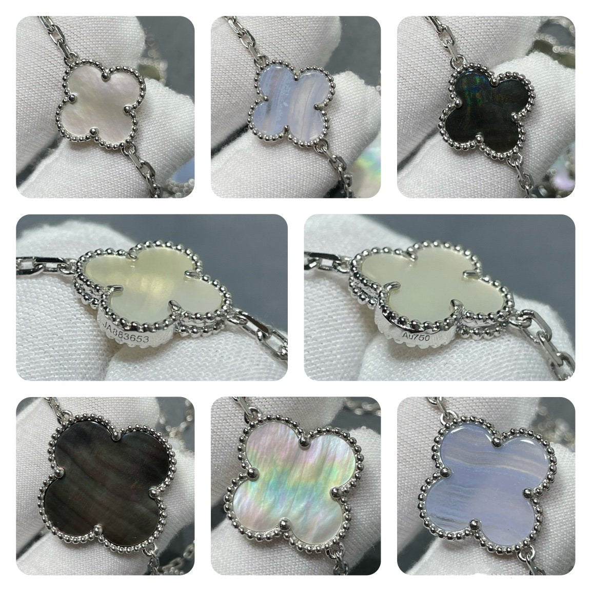 [sparkle Jewelry ]CLOVER 16 MOTIF CHALCEDONY MOP SILVER NECKLACE