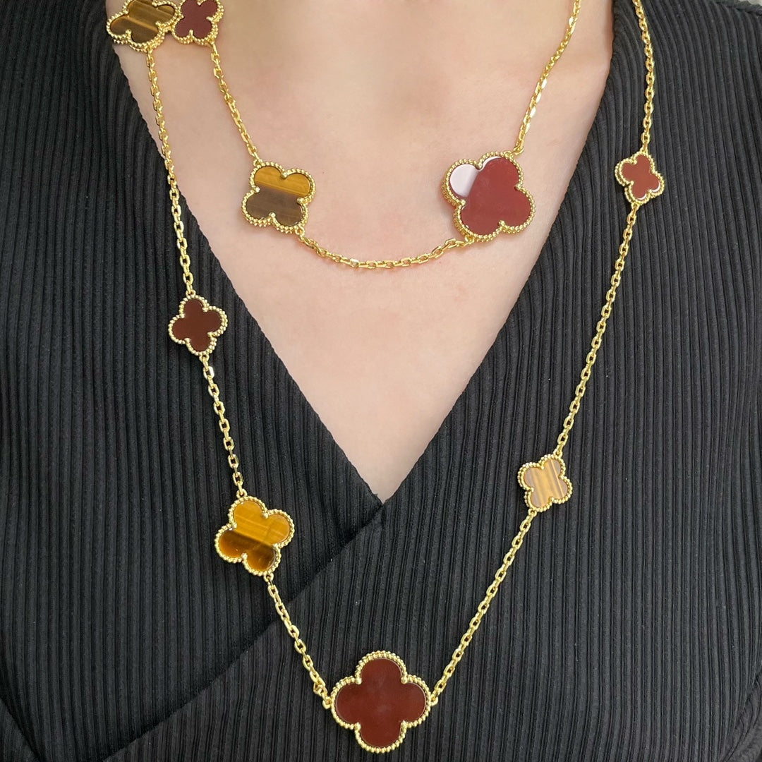 [sparkle Jewelry ]CLOVER 16 MOTIF CARNELIAN TIGER EYE ROSE GOLD NECKLACE