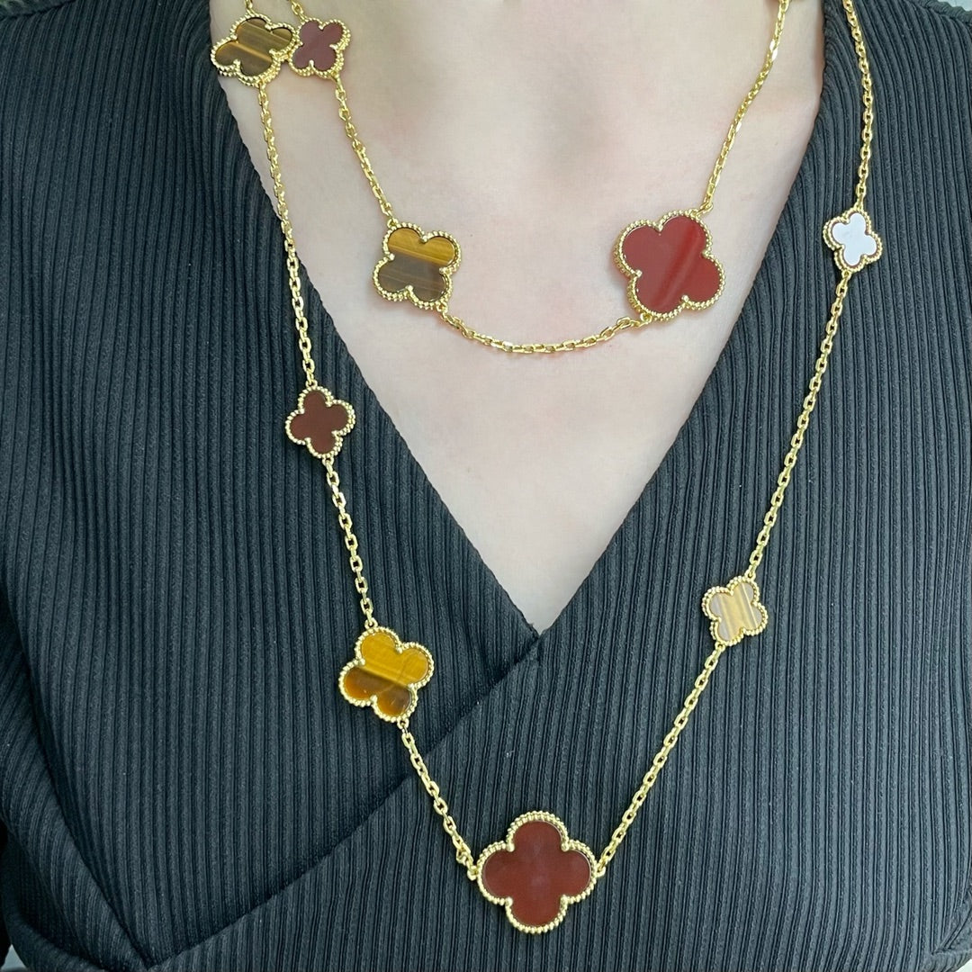 [sparkle Jewelry ]CLOVER 16 MOTIF CARNELIAN TIGER EYE ROSE GOLD NECKLACE