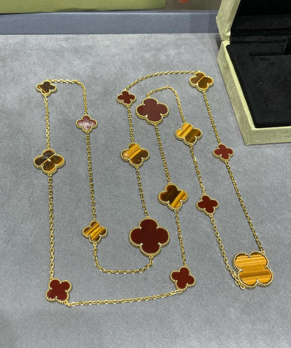 [sparkle Jewelry ]CLOVER 16 MOTIF CARNELIAN TIGER EYE ROSE GOLD NECKLACE