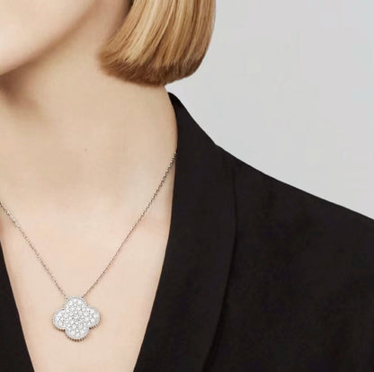 [sparkle Jewelry ]CLOVER 25MM LARGE PENDANT DIAMOND PAVED SILVER NECKLACE