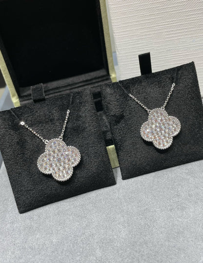 [sparkle Jewelry ]CLOVER 25MM LARGE PENDANT DIAMOND PAVED SILVER NECKLACE