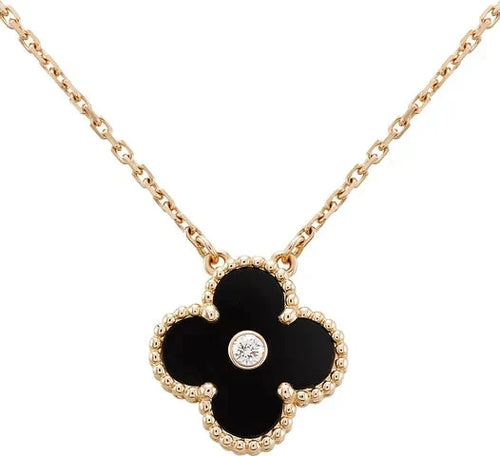 [sparkle Jewelry ]CLOVER 15MM DIAMOND ONYX NECKLACE