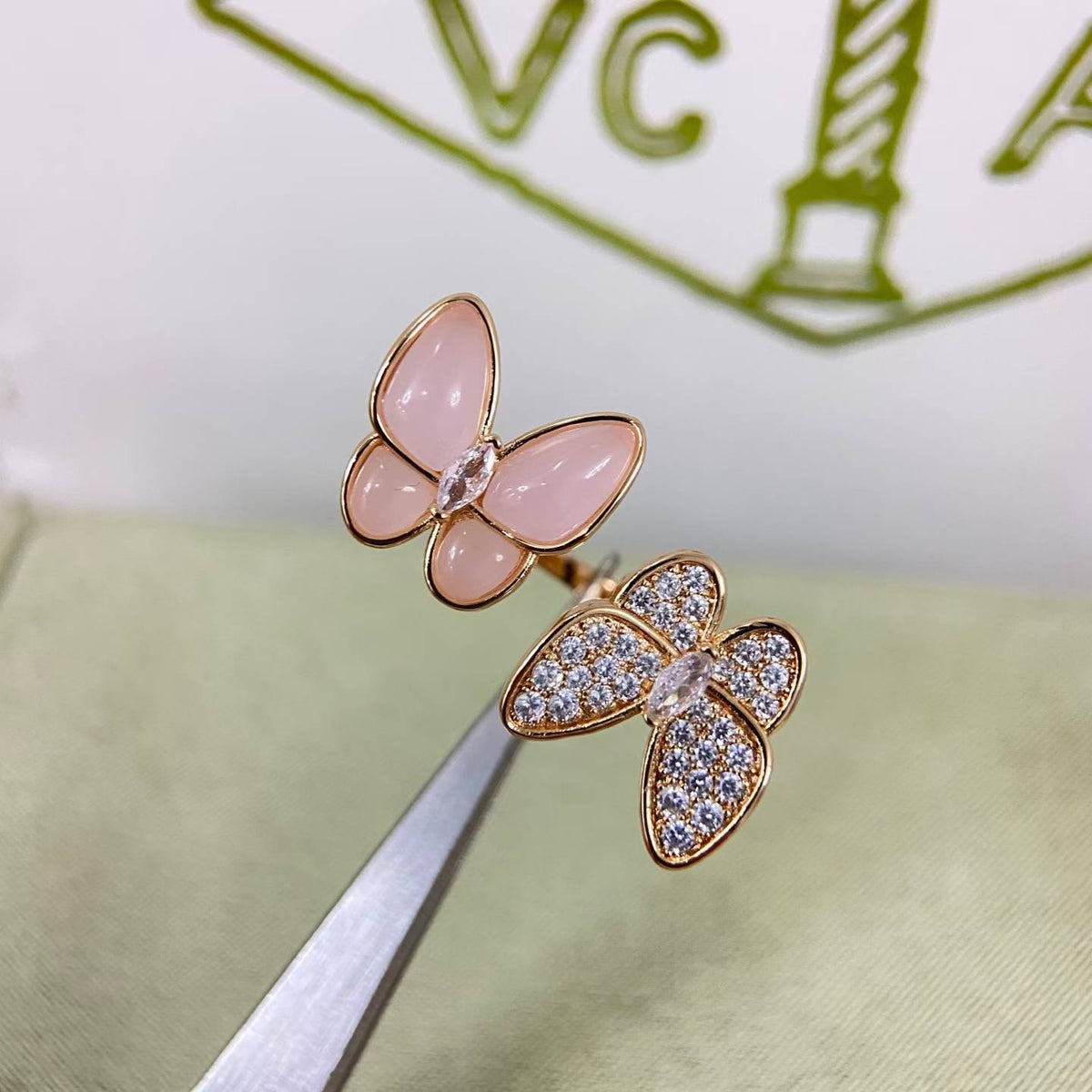 [sparkle Jewelry]TWIN BUTTERFLY NEW DIAMOND & PINK BUTTERFLY RING