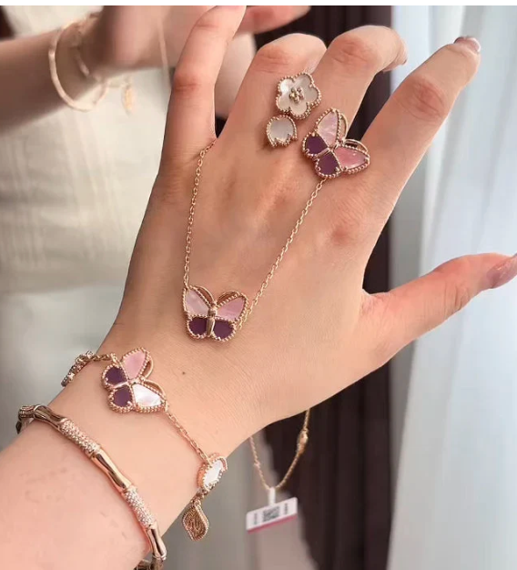 [sparkle Jewellery]Purple Mother-of-Pearl Butterfly & Flower Open Ring
