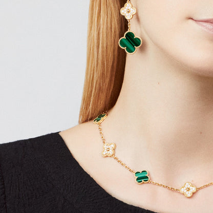 [sparkle Jewelry ]CLOVER 10 MOTIFS MALACHITE DIAMOND NECKLACE