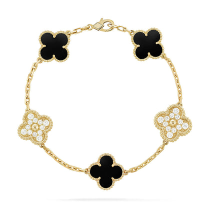 [Sparkle]GLÜCKSKLEE-ARMREIF MIT 5 MOTIVEN – KOLLEKTION SCHWARZES ONYX