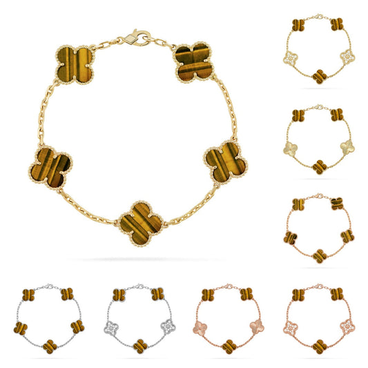 [Sparkle]ラッキー クローバー 5モチーフ ブレスレット - タイガーズアイ コレクション