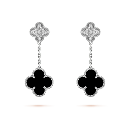 [sparkle Jewelry ]CLOVER 2 MOTIFS  DIAMOND ONYX EARRINGS SILVER