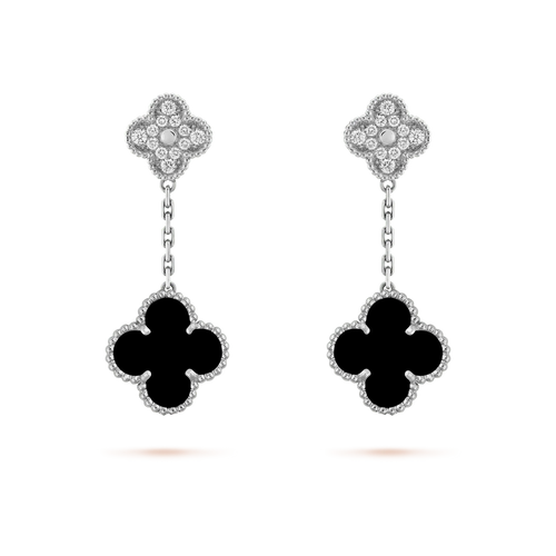 [sparkle Jewelry ]CLOVER 2 MOTIFS  DIAMOND ONYX EARRINGS SILVER