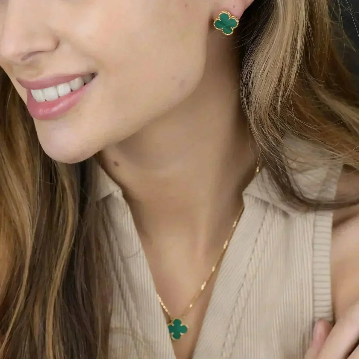 [sparkle Jewelry ]CLOVER MINI 9.5MM MALACHITE  EARRINGS