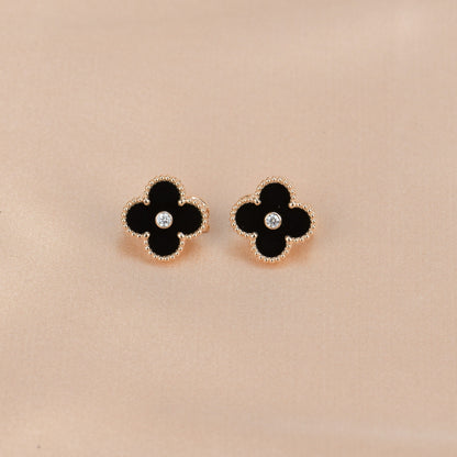[sparkle Jewelry ]CLOVER MEDIUM 1 MOTIFS ONYX DIAMOND EARRINGS
