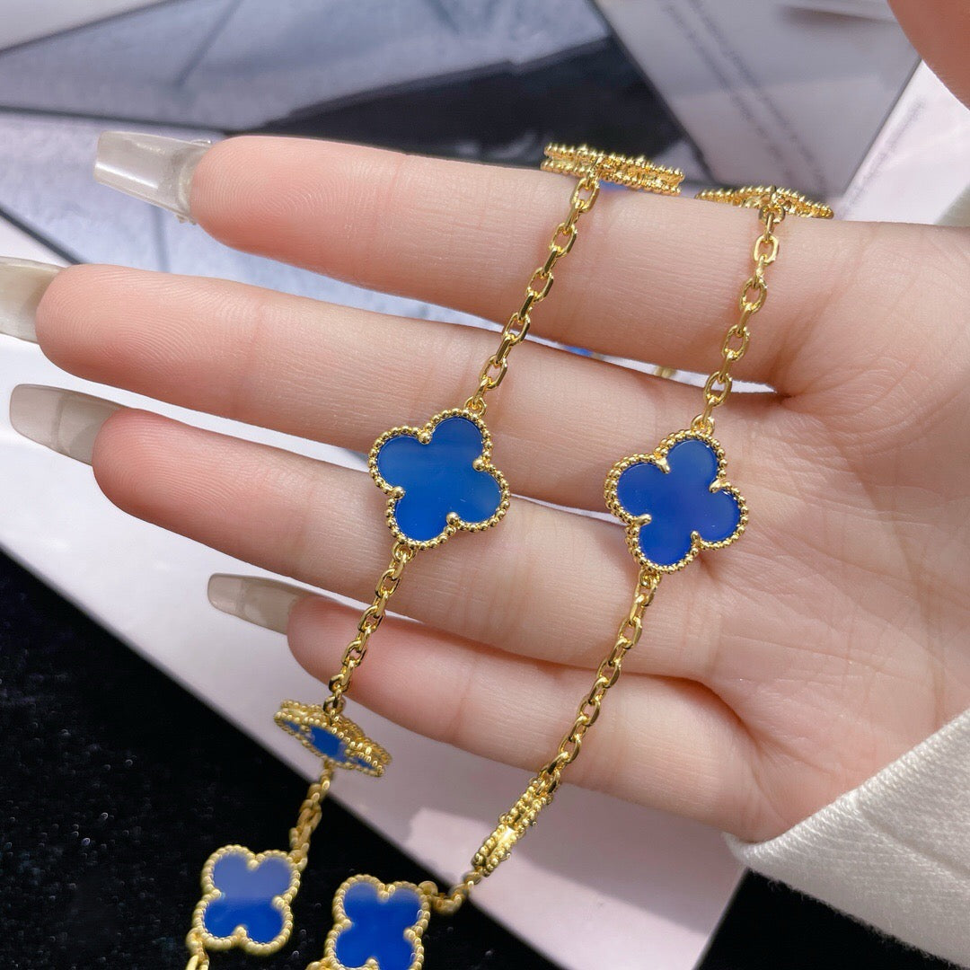 [sparkle Jewelry ]CLOVER 10 MOTIFS BLUE AGATE NECKLACE
