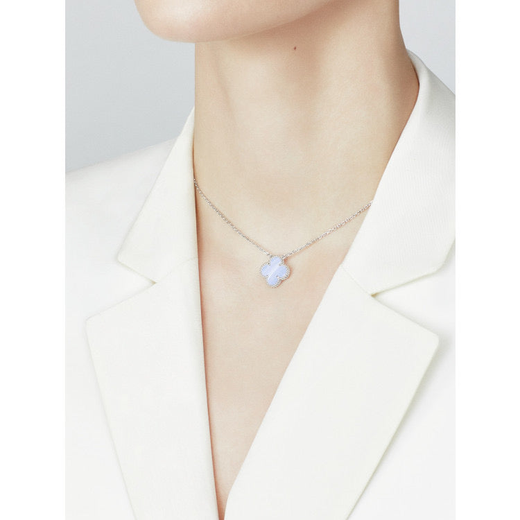 [sparkle Jewelry ]CLOVER 15MM BLUE CHALCEDONY NECKLACE SILVER