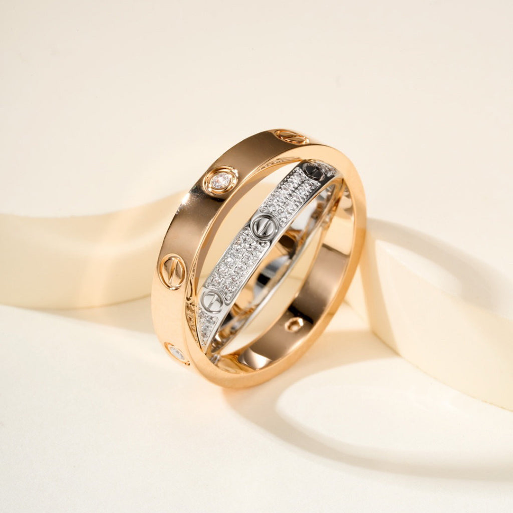 [sparkle Jewelery]LOVE PINK GOLD SILVER DIAMOND DOUBLE RING