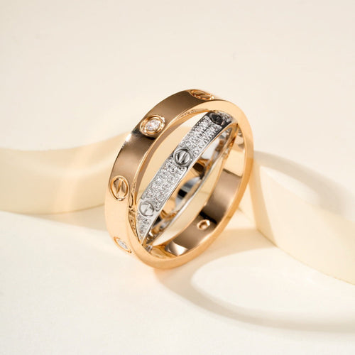 [sparkle Jewelery]LOVE PINK GOLD SILVER DIAMOND DOUBLE RING