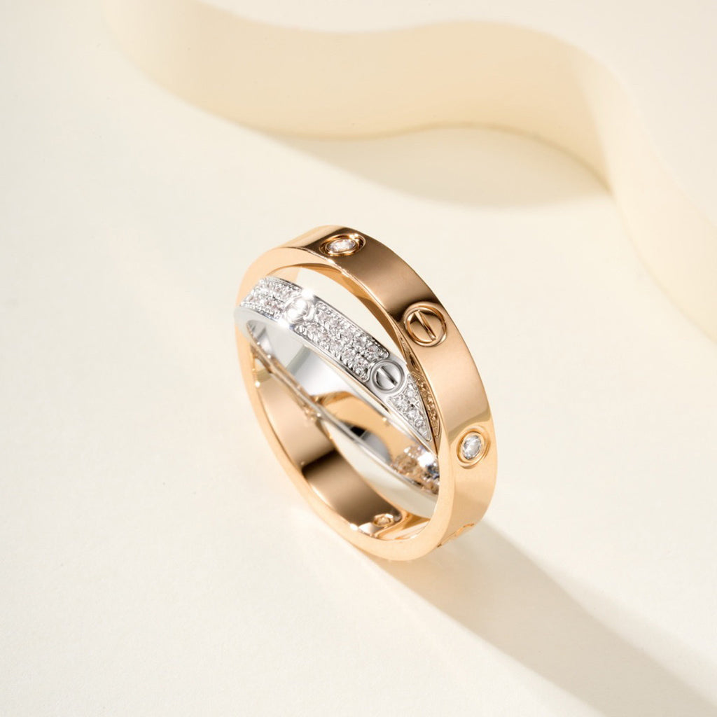 [sparkle Jewelery]LOVE PINK GOLD SILVER DIAMOND DOUBLE RING
