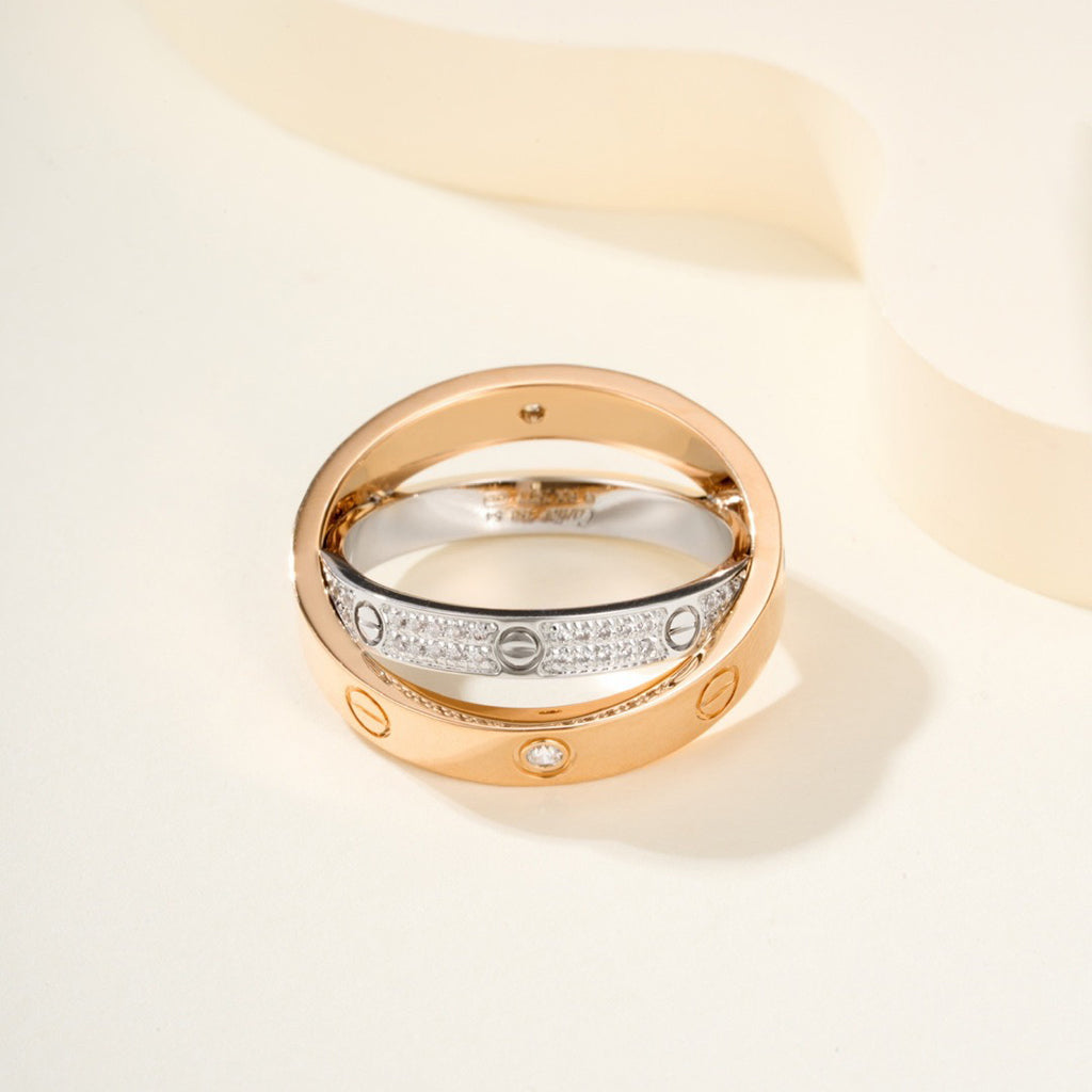 [sparkle Jewelery]LOVE PINK GOLD SILVER DIAMOND DOUBLE RING