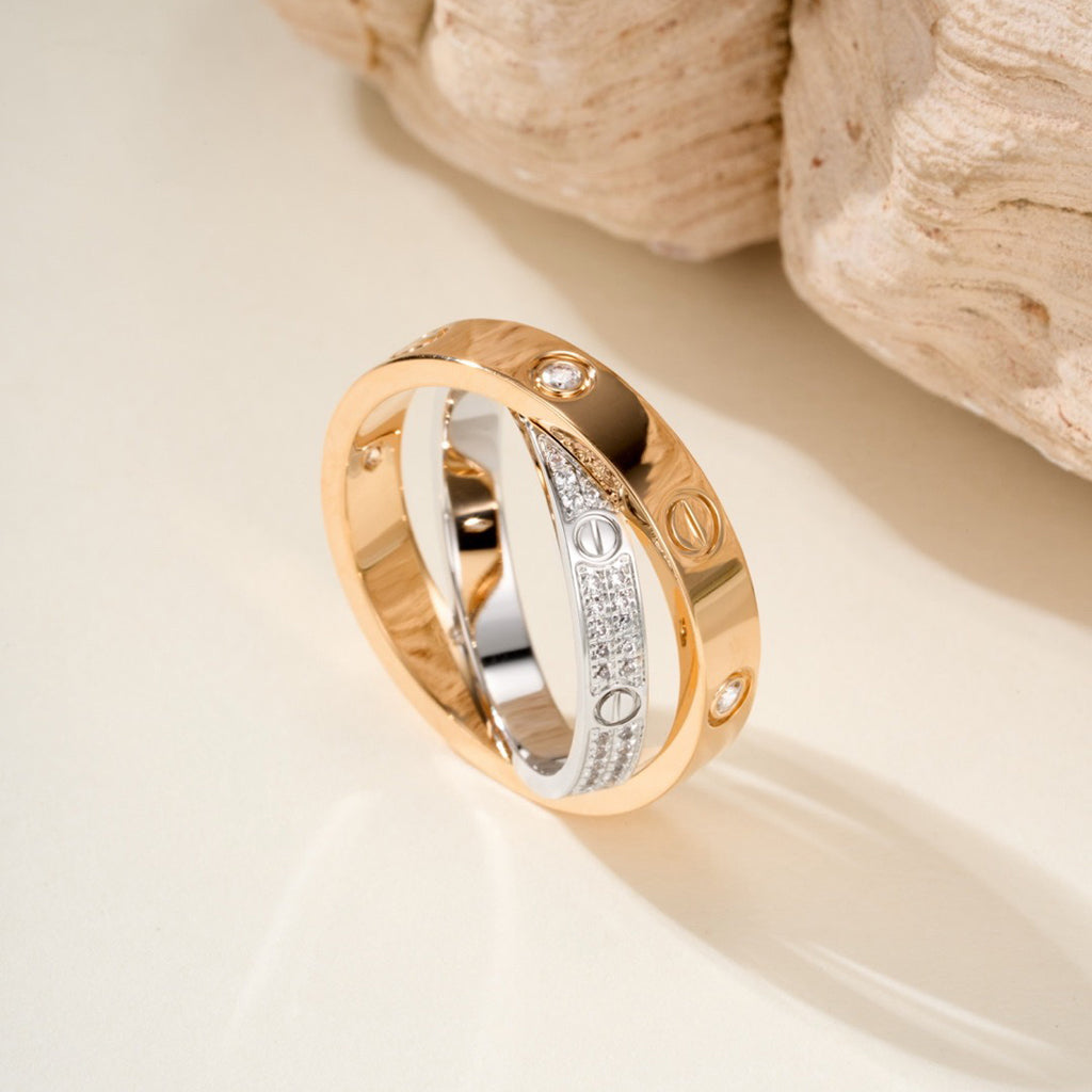 [sparkle Jewelery]LOVE PINK GOLD SILVER DIAMOND DOUBLE RING