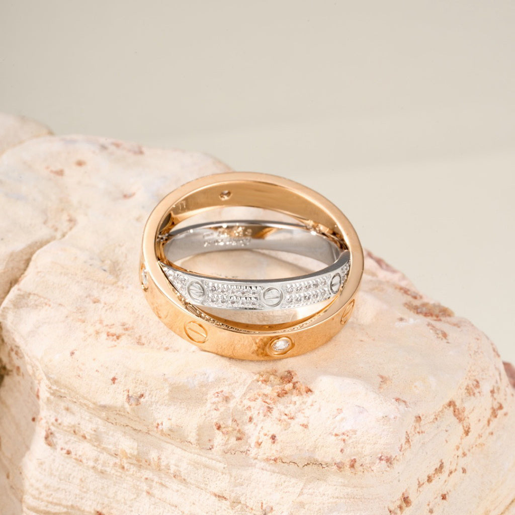 [sparkle Jewelery]LOVE PINK GOLD SILVER DIAMOND DOUBLE RING