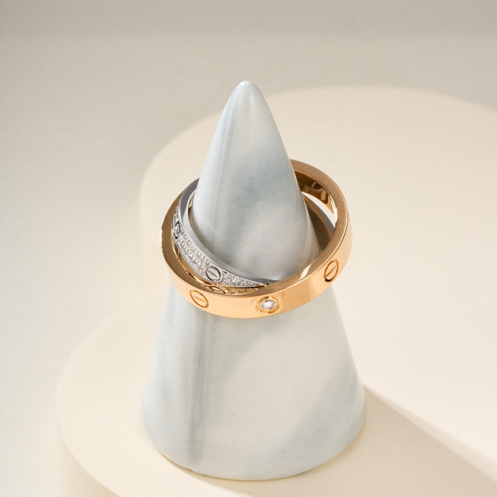 [sparkle Jewelery]LOVE PINK GOLD SILVER DIAMOND DOUBLE RING