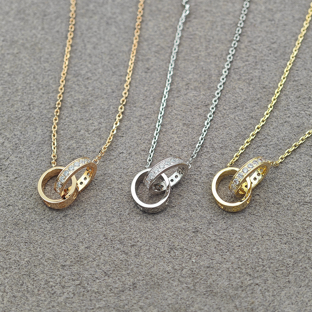 [sparkle Jewelery]LOVE DOUBLE RING HALF DIAMOND NECKLACE