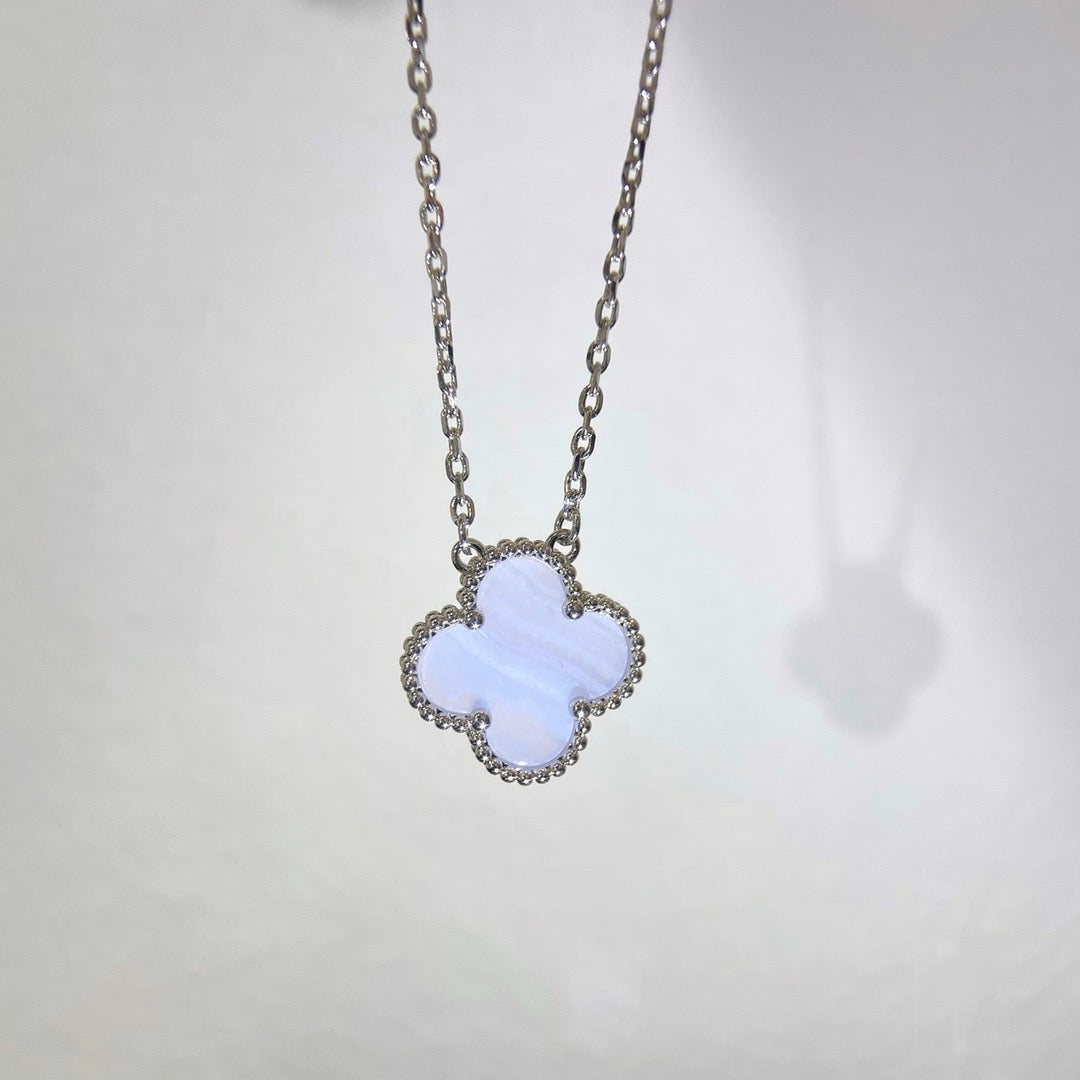 [sparkle Jewelry ]CLOVER 15MM BLUE CHALCEDONY NECKLACE SILVER