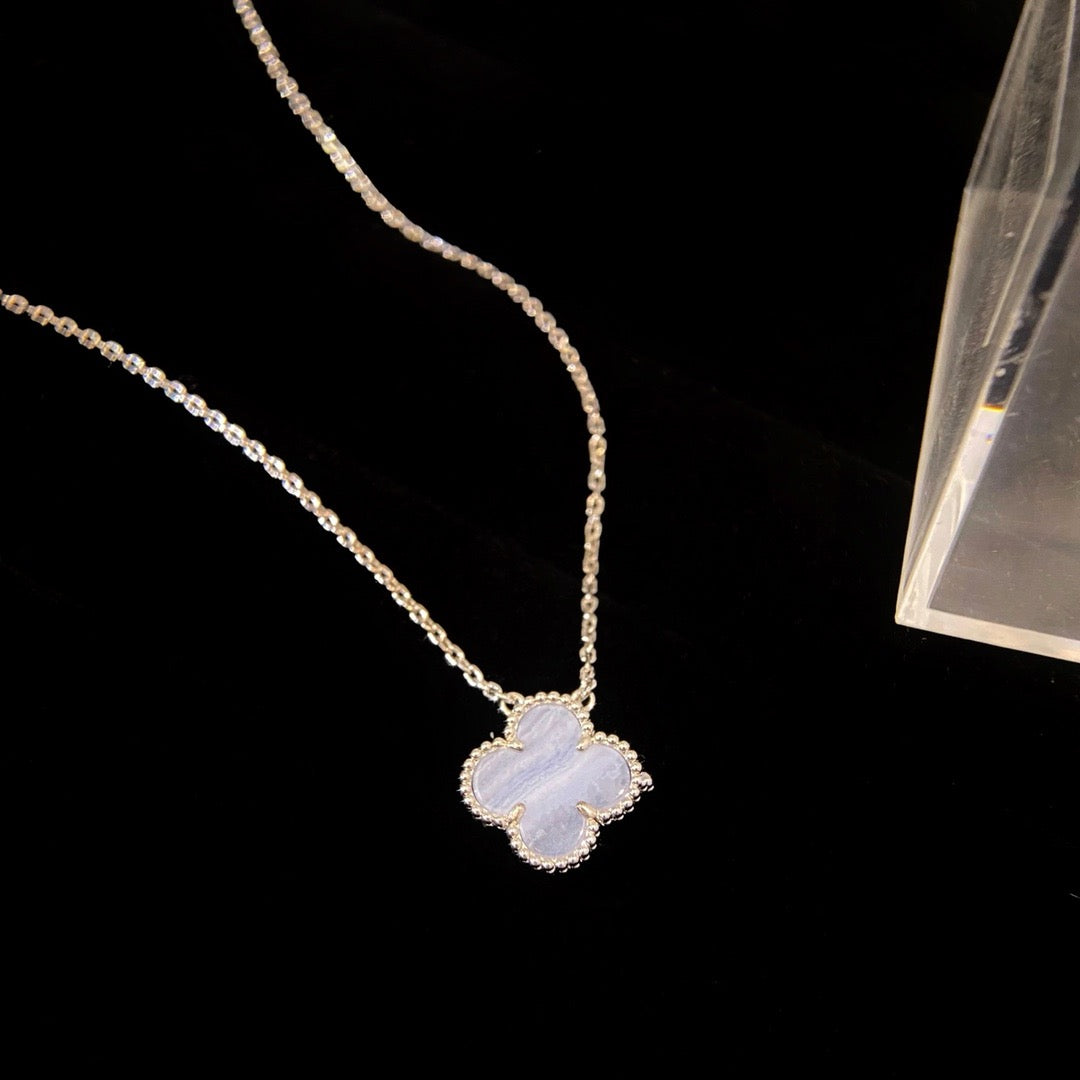 [sparkle Jewelry ]CLOVER 15MM BLUE CHALCEDONY NECKLACE SILVER