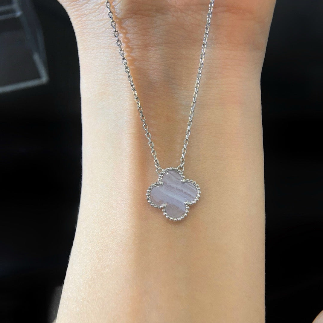 [sparkle Jewelry ]CLOVER 15MM BLUE CHALCEDONY NECKLACE SILVER