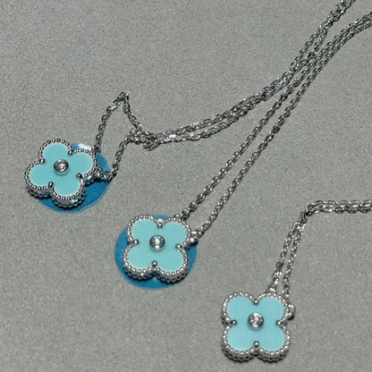 [sparkle Jewelry ]CLOVER 1 DIAMOND LIGHT BLUE SILVER NECKLACE