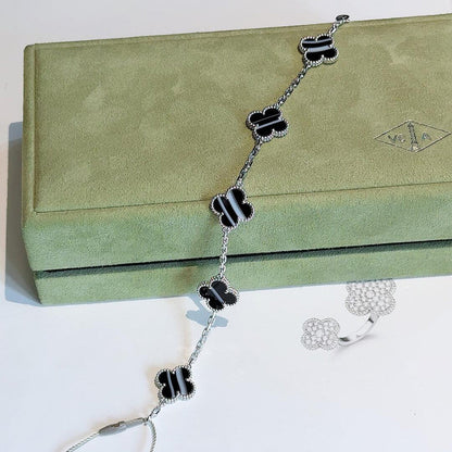 [sparkle Jewelry ]CLOVER 5 MOTIF VEINED ONYX BRACELET SILVER