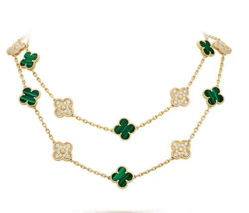 [sparkle Jewelry ]CLOVER 20 MOTIFS MALACHITE DIAMOND NECKLACE