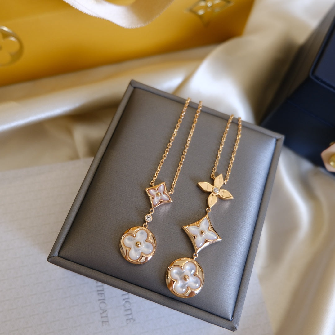 [Sparkle]COLOR BLOSSOM LARIAT NECKLACE ROSE GOLD WHITE MOTHER PEARL AND DIAMOND