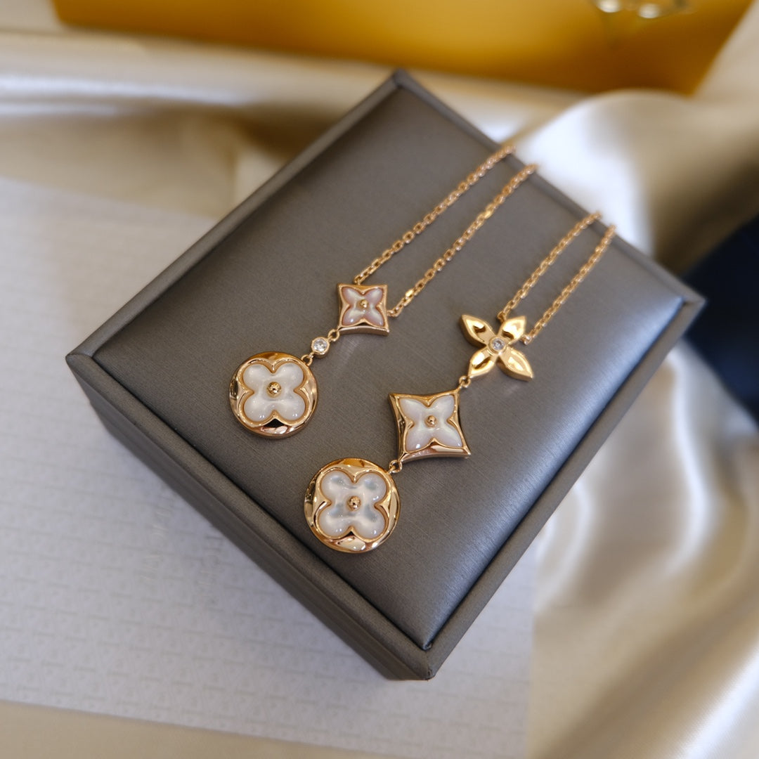[Sparkle]COLOR BLOSSOM LARIAT NECKLACE ROSE GOLD WHITE MOTHER PEARL AND DIAMOND