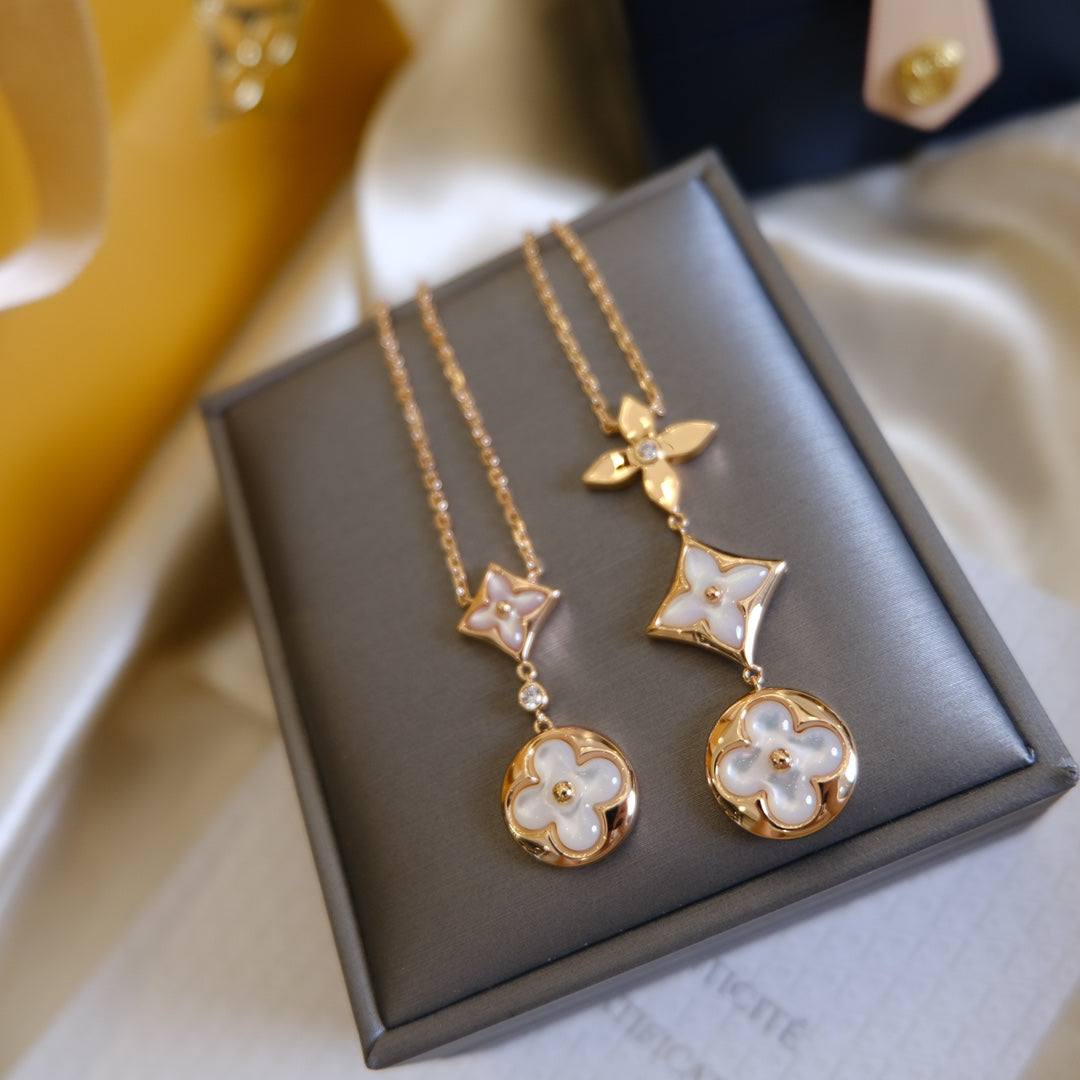 [Sparkle]COLOR BLOSSOM LARIAT NECKLACE ROSE GOLD WHITE MOTHER PEARL AND DIAMOND