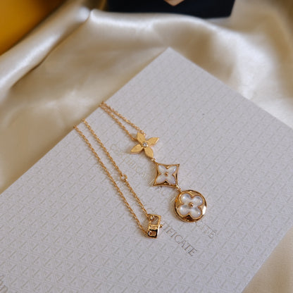 [Sparkle]COLOR BLOSSOM LARIAT NECKLACE ROSE GOLD WHITE MOTHER PEARL AND DIAMOND