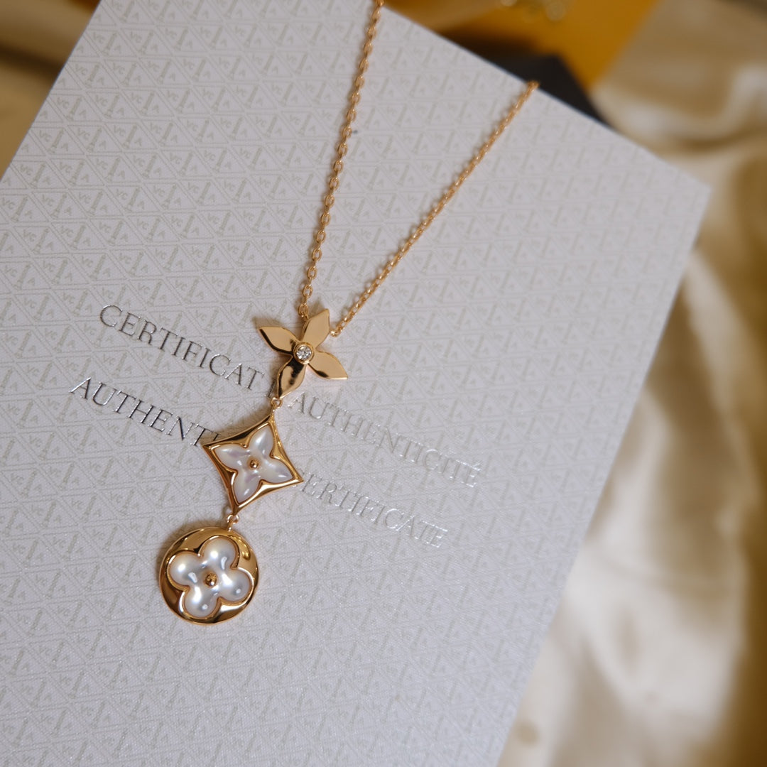 [Sparkle]COLOR BLOSSOM LARIAT NECKLACE ROSE GOLD WHITE MOTHER PEARL AND DIAMOND
