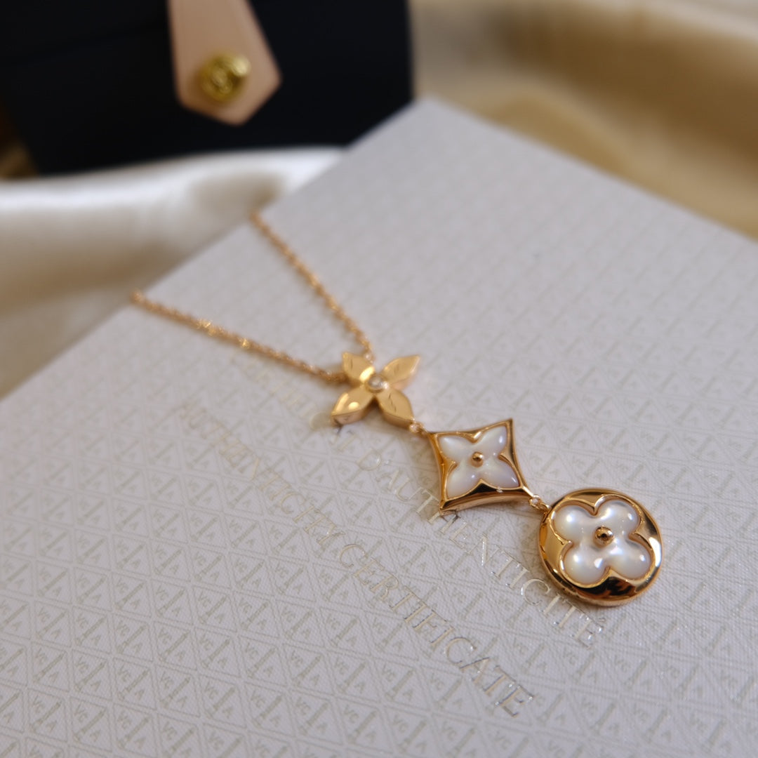 [Sparkle]COLOR BLOSSOM LARIAT NECKLACE ROSE GOLD WHITE MOTHER PEARL AND DIAMOND