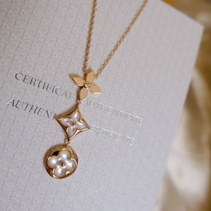 [Sparkle]COLOR BLOSSOM LARIAT NECKLACE ROSE GOLD WHITE MOTHER PEARL AND DIAMOND