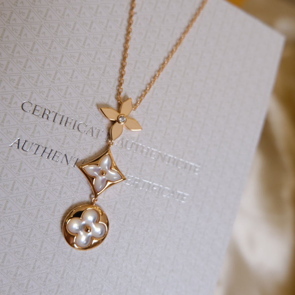 [sparkle Jewelry ]COLOR BLOSSOM LARIAT NECKLACE PINK GOLD WHITE MOTHER PEARL AND DIAMOND